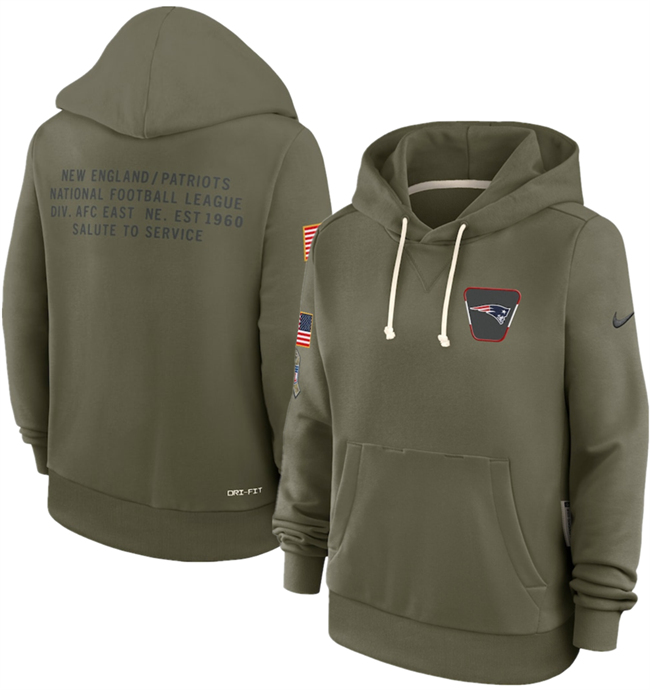 Women's New England Patriots Olive 2025 Salute to Service Sideline Standard Issue Dri-FIT Hoodie(Run Small)